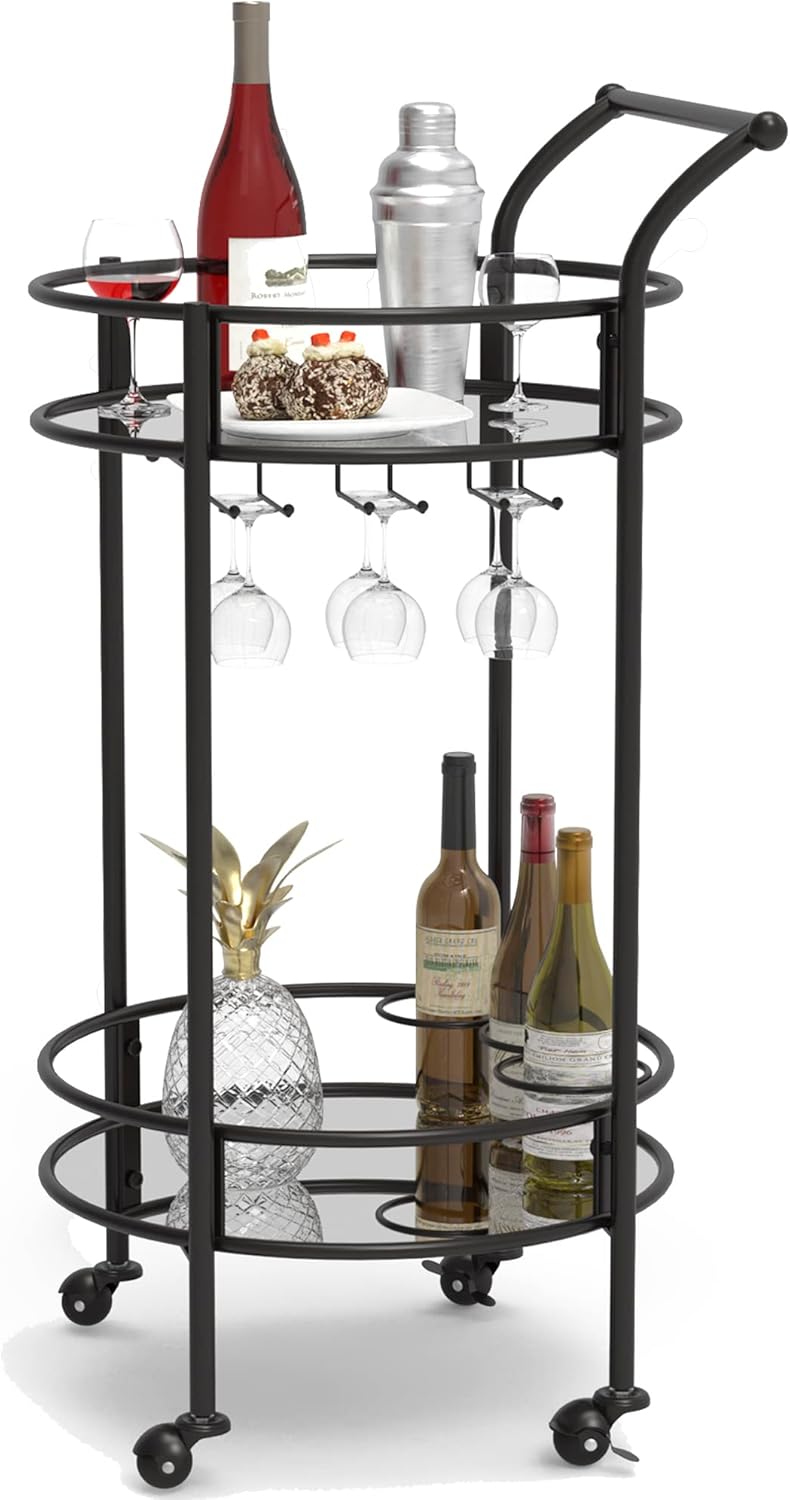Round Black Rolling Bar Cart with 2 Mirror Shelves, Wine Rack and Lockable Casters, Suitable for Home Kitchen, Club, Living Room, Thanksgiving, Christmas, New Year, 15"X15"X30.7"