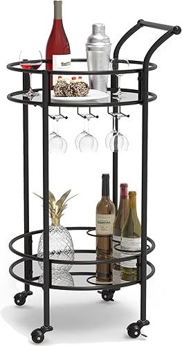 Carrito redondo negro con 2 estantes de espejo, estante para vino y ruedas con cerradura, adecuado para cocina del hogar, club, sala de estar,
