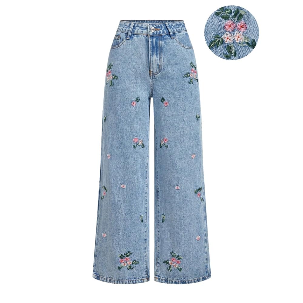 Baggy Jeans Damen Weites Bein Jeanshosen mit Blumenstickerei Denim Hosen