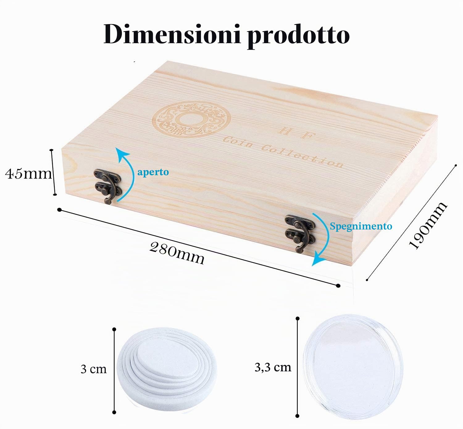 Kyrio - Scatola portamonete in legno, può contenere 100 monete, organizer con capsule rotonde in plastica, per collezionisti di monete, 18 mm / 21 mm / 25 mm / 27 mm / 30 mm