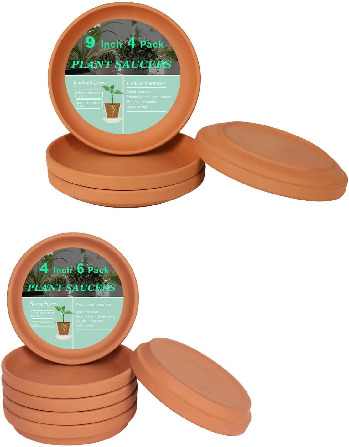 vensovo 4 Inch Terracotta Saucer and 9 Inch Terracotta Pot Plant Saucer - 6 Pack Mini Clay Saucer and 4 pcs Large Round Plant Pot Saucers, Great for Indoor or Outdoor
