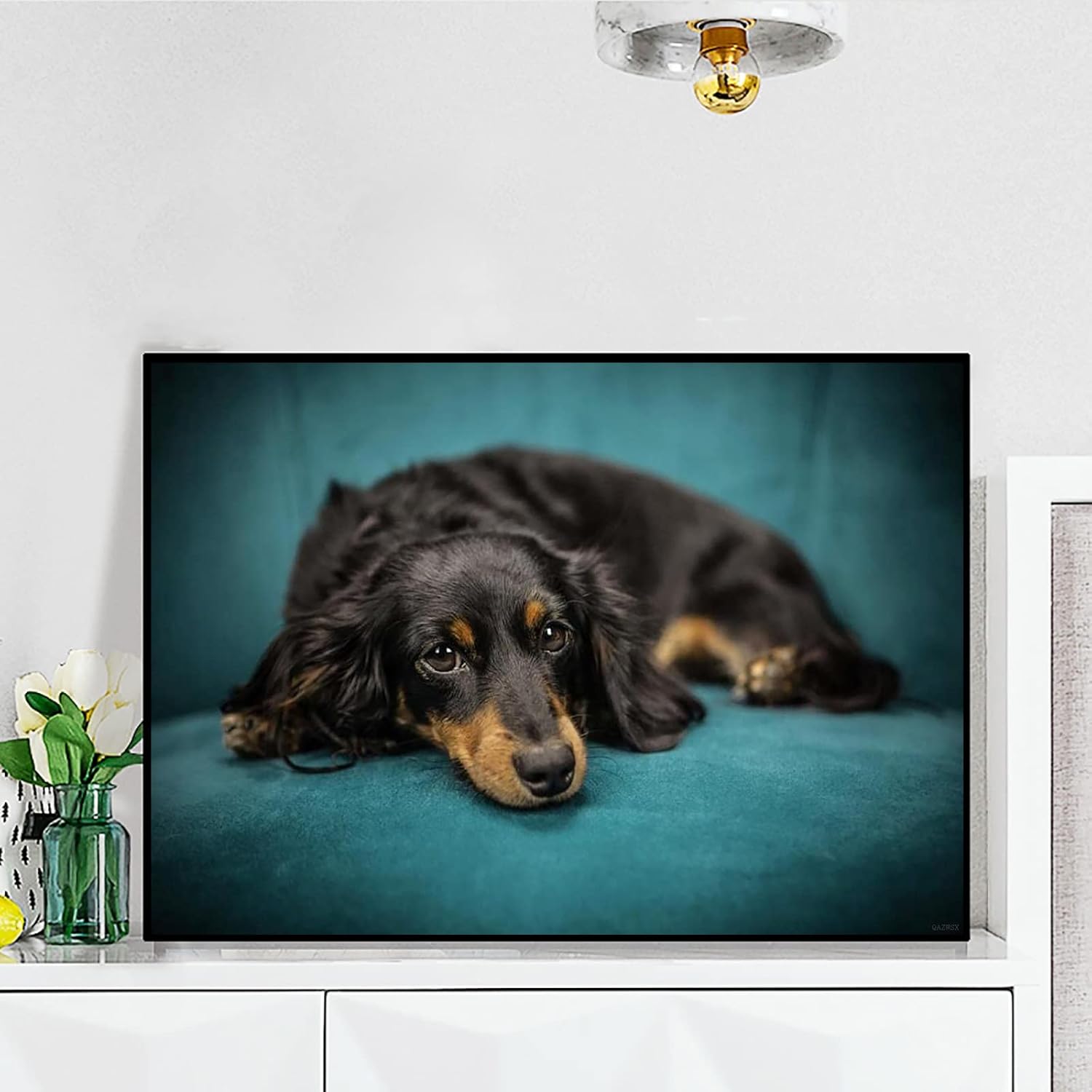 DIY 5D Diamond Painting by Number Kits Black Long-haired Dachshund on the Sofa Round Crystal Rhinestone Diamond Embroidery Paintings Pictures Arts Craft for Home Wall Decor 12X16 Inch