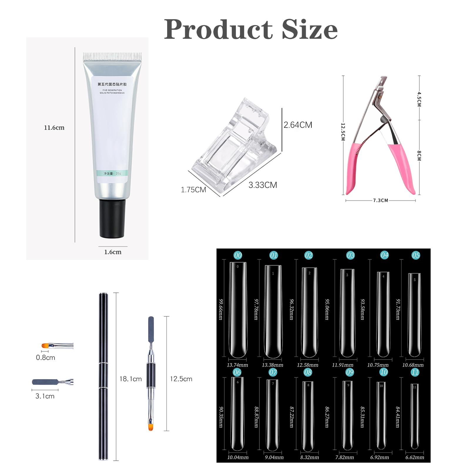 Nail Kit de Tips Uñas, Kit de Tips Uñas Gel, 2pc 20g Pegamento Adhesivo Sólido para Parche de Uñas, 120PCS Uñas Postizas,10PCS Nail Art Clip de Cristal,Pluma de Cristal Doble Uso,Cortaúñas,MELLTONG