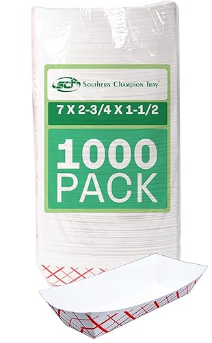 Southern Champion, bandeja de cartón para hot dogs, 7 pulgadas de longitud x 2-3/4 pulgadas de ancho x 1-1/2 pulgadas de altura (caja de 1000), Rojo