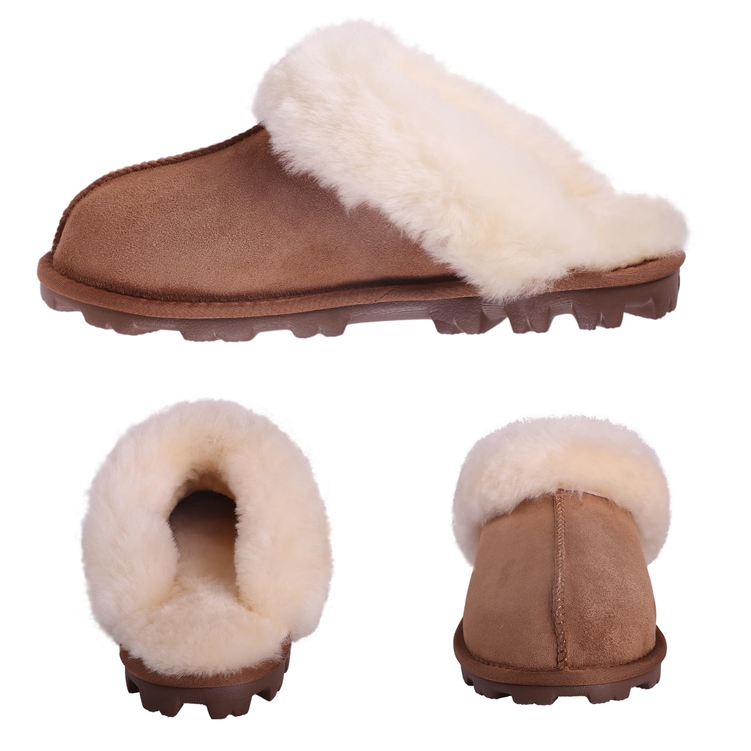 MYLUNE HOME Echte Lammfell Hausschuhe für Damen - Flauschige Warme Pantoffeln Winter Plüsch Schaffell Slipper Leder Wolle Braun - Geschenk für Frauen
