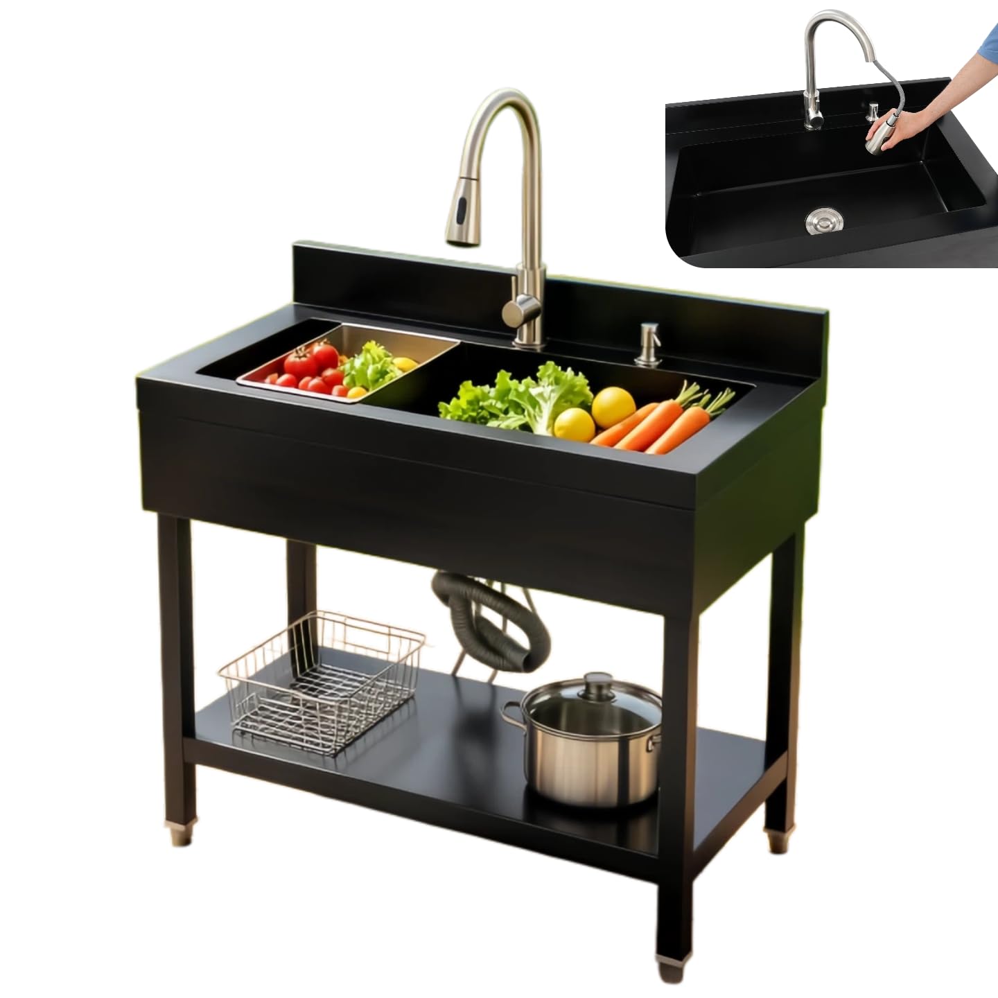 Freistehende Edelstahl-Spülbecken, Großes Einzelbecken Spültisch mit Abtropfkorb & Ausziehbare Wasserhahn, Gewerbliche Küchenspüle Spülschrank für Zuhause Waschküche (90x60x80 cm, Schwarz)