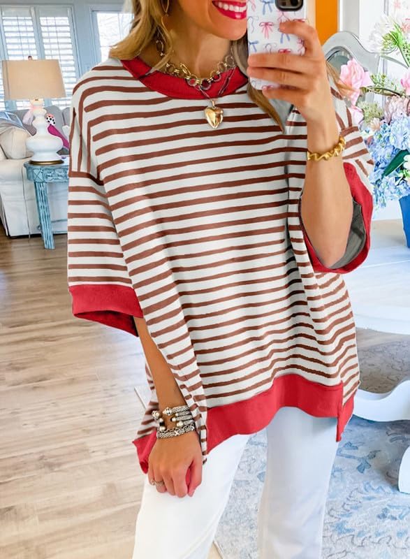SHEWIN Womens Tops Casual Short Sleeve Sweatshirt Crewneck Striped Shirt Pullover T Shirts Loose Blouses - Image 3