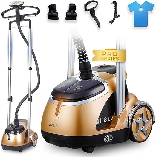 SALAV® Professional Garment Steamer for Clothes with Foot Pedal Control, Stainless Steel Steam Plate, Retractable Power Cord, 1.8L Water Tank for 1hour Steam Time, Wheels for Easy Movement, Gold