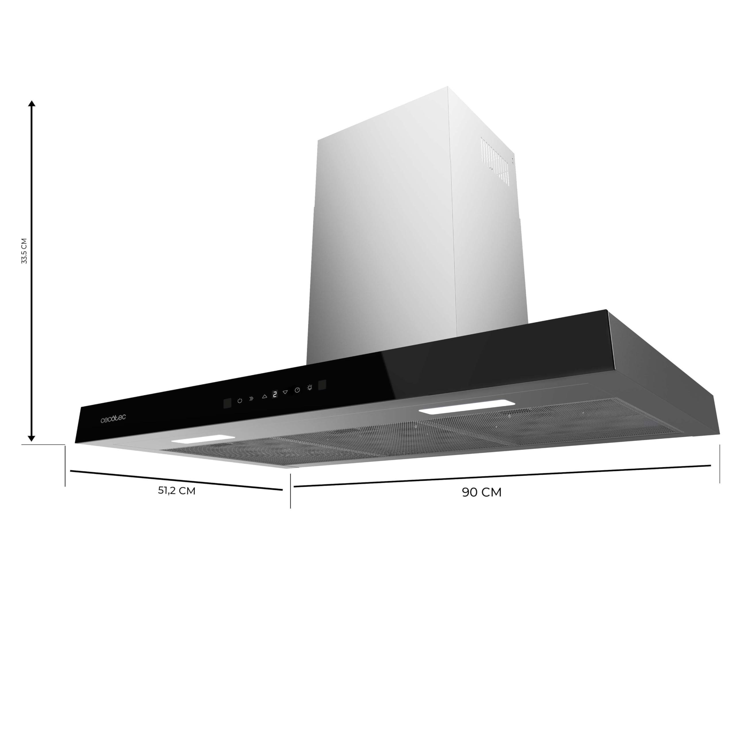 Cecotec Cappa Aspirante 90 cm Flux TT 905500 Glass Black A++. 70W, Finitura Frontale In Vetro Nero, Basso Consumo Energetico, Aspirazione 550M3/H, Touch Control, 3 Livelli, Luce Led, Filtro Carbone