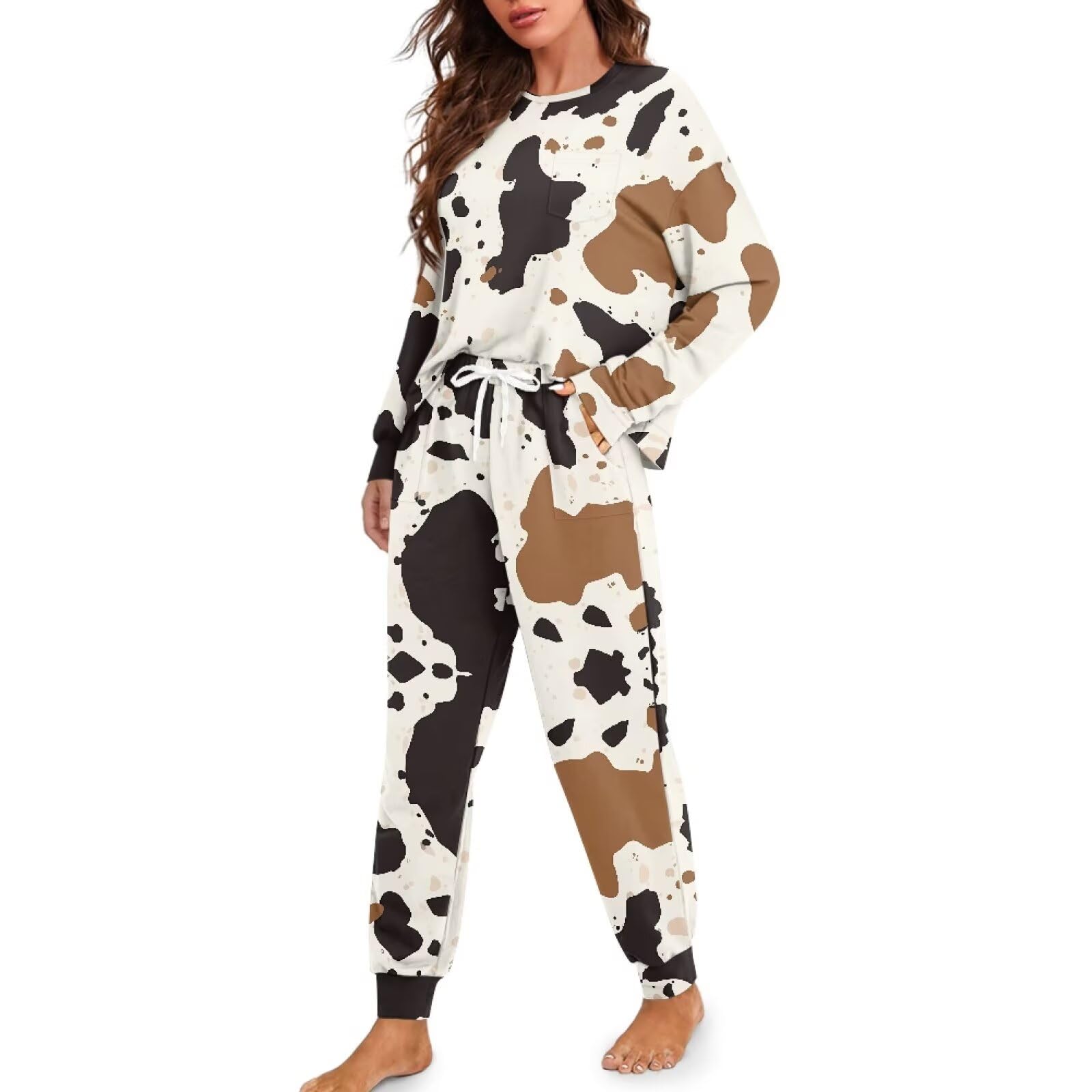 Conjunto de pijama de 2 piezas para mujer, con cordón, suave, cómodo, casual, de manga larga, con bolsillos, tallas S-XXL
