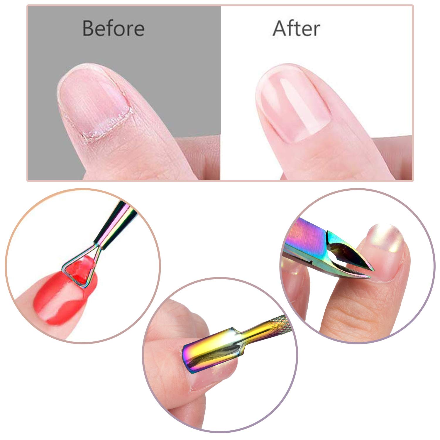 Empujador Cuticulas y Alicates Cortaúñas, Levantador de Cutícula Removedor de Cutícula de Acero Inoxidable y Herramienta de Belleza Cortador para Uñas de Dedos de Manos y Pies(Camaleón)