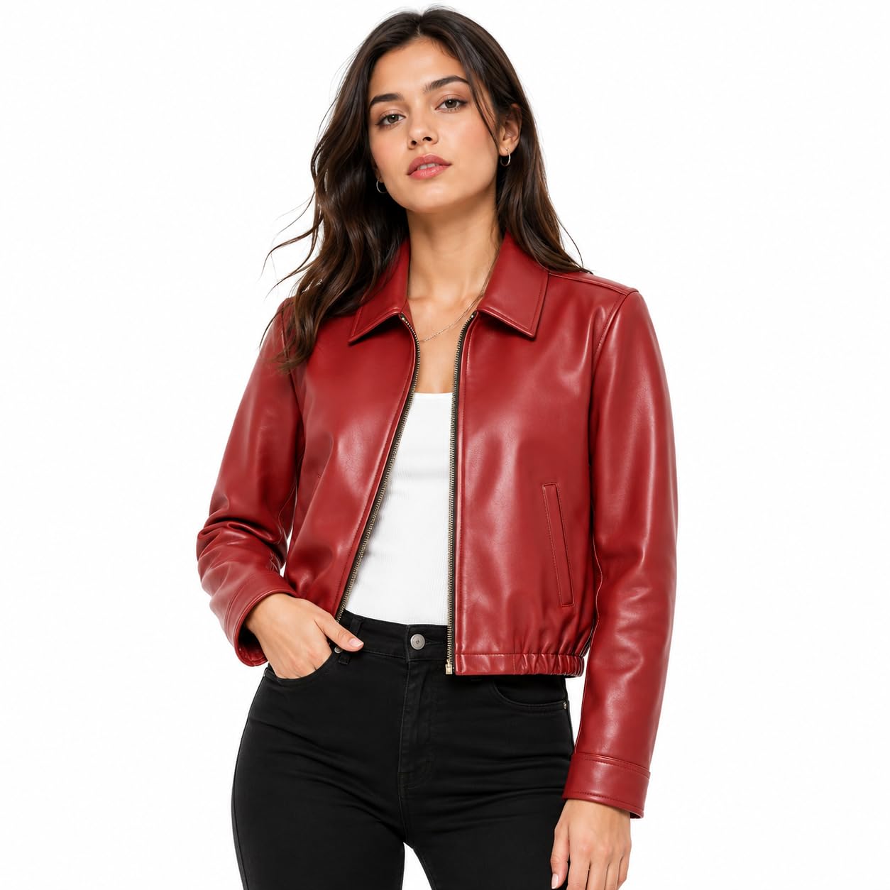 Women's Maroon Faux Leather Jacket, Premium PU Leather Zip-Up Casual Biker Jacket with Shirt Collar, Slim Fit Lightweight Fashion Winter Coat with Side Pockets for Women-picture-15