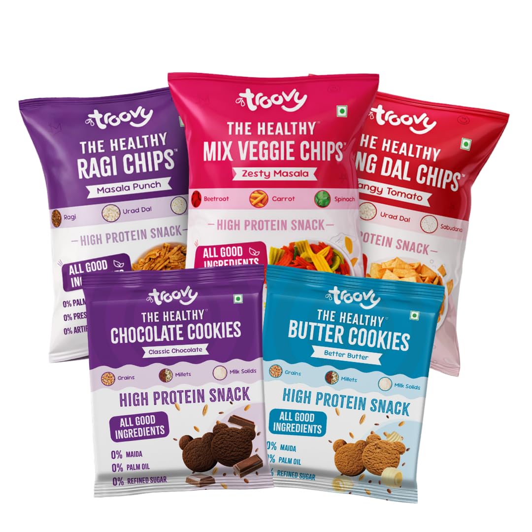 Troovy Healthy Mixed Chips & Cookies Value Combo | Tasty & High Protein Snacks | 30% Of Protein Needs | No Palm Oil, Cholesterol or Trans Fats | No Junk & Chemicals | Ragi (Masala Munch,70gram x 1) | Mix veggie (Zesty Masala,70gm x 1 ) | Moong (Tangy Tomato,70g x 1) | Butter Cookie (80g x 1) | Chocolate Cookies (80gm x 1)-image-35