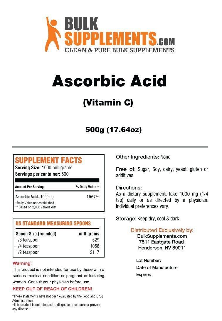 BulkSupplements.com Ascorbic Acid (Vitamin C) Powder - 500g (Pack of 1) — Amazon image 2
