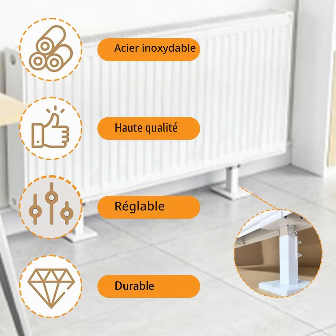Lot de 2 supports de radiateur - Montage au sol - 14 à 21 cm - En acier réglable - Pieds de radiateur pour radiateurs à panneau - Blanc + argenté