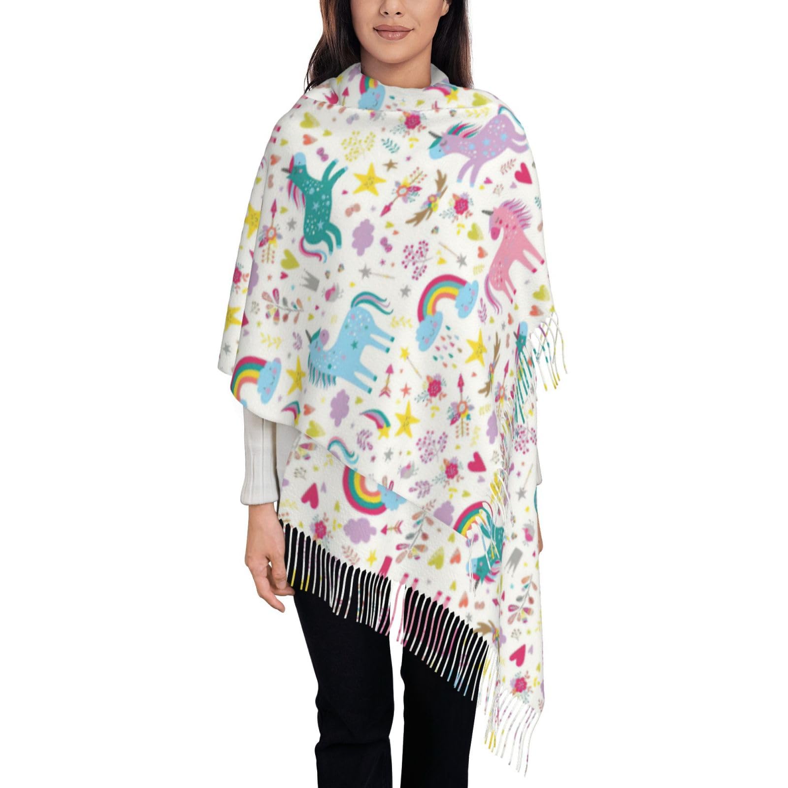 Longzehao Women's Black Unicorns Pink Print Winter Scarf For Shawl Cashmere Feel Tassel Fashions Large Shawl Wraps