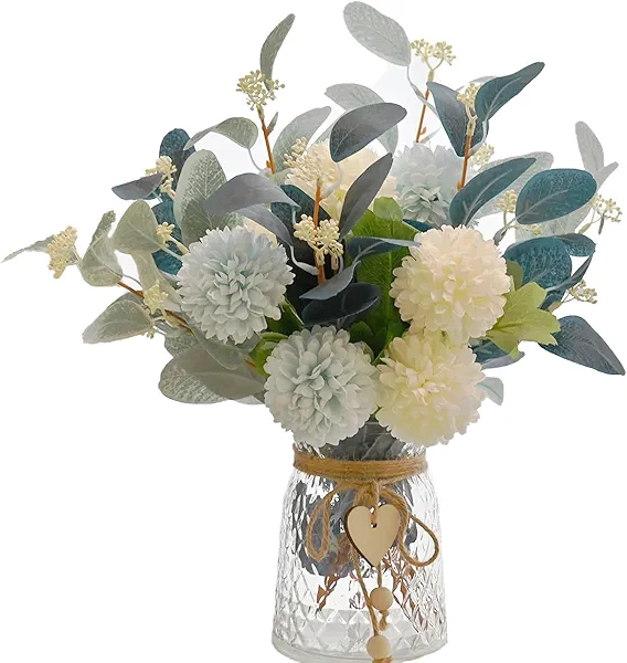 Artificial Flowers with Vase, Faux Flower Arrangement with Eucalyptus Leaves, Silk Hydrangea Table Centerpiece for Home Office Kitchen, Dining Room & Coffee Table Decor White+blue
