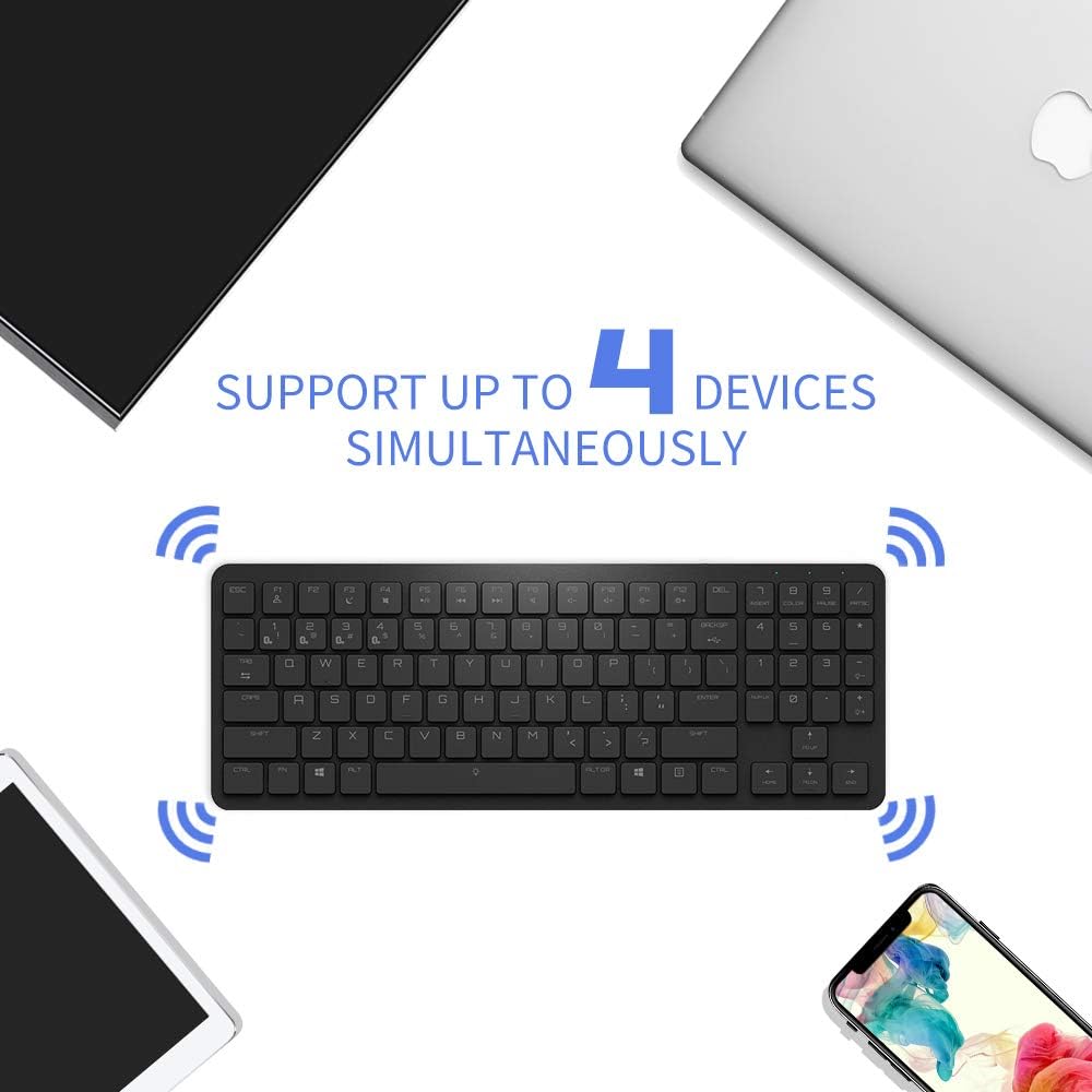 Image showing the Hexgears K950 keyboard wirelessly connected to four different devices (laptop, tablet, smartphone), emphasizing its multi-device support.