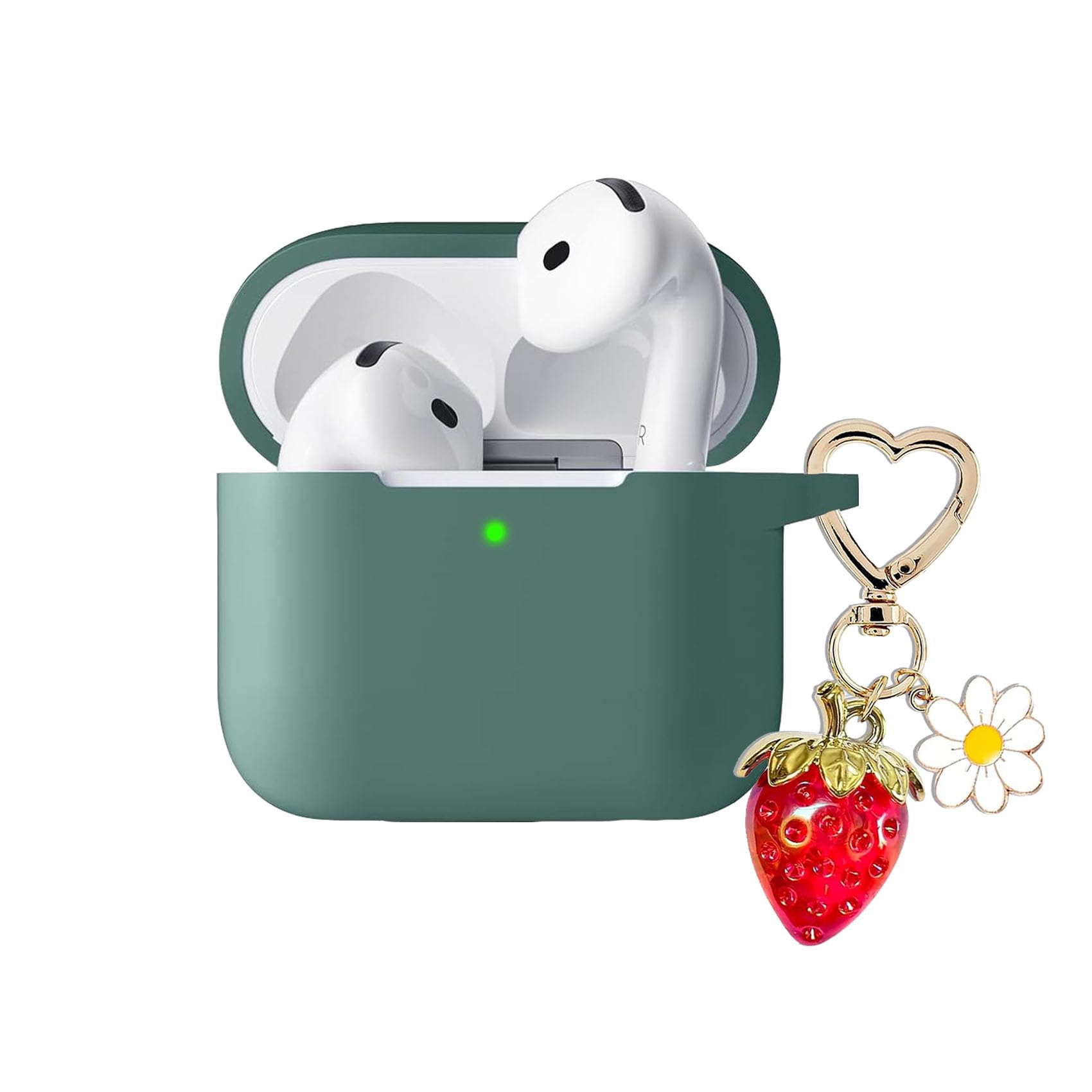 AGAOSH for Airpods 4 Case Cover with Cute Strawberry Charm Heart Keychain,Soft Silicone Protective Case Daisy Key Chains Accessories for Apple Airpods 4th Generation Case for Women Men Pine Green