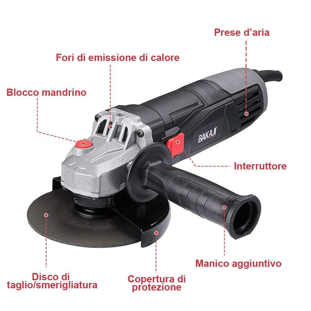 Bakaji Szlifierka kątowa Moc 750 W Prędkość 12000 obr/min 125 mm Flex Trzepaczka z uchwytem antywibracyjnym i 6 tarczami 3 cięcia i 3 szlifowanie i szlifowanie kompaktowa lekka konstrukcja