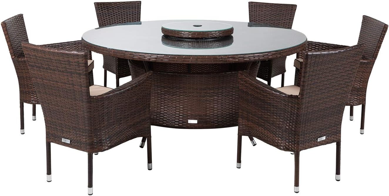Rattan Outdoor Furniture Indoor Conservatory Cambridge 6 Seater Dining Set Large Round Table including Lazy Susan in Brown