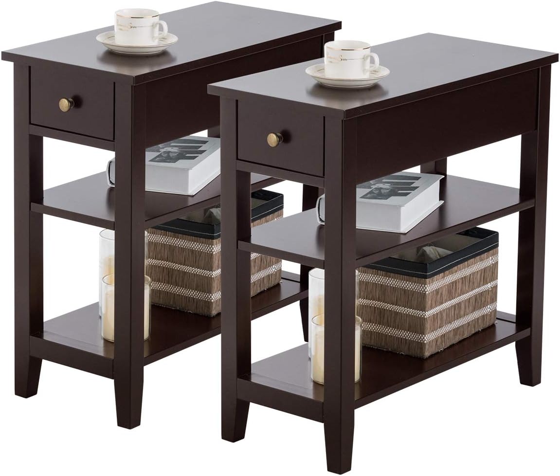 Giantex Narrow End Table Set of 2, Small Side Table with Drawer and Shelf, Wood Accent Sofa Table, Skinny Nightstand for Small Space Living Room Bedroom, Espresso