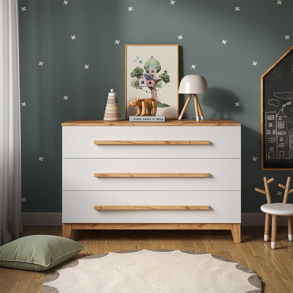 Vitalispa Przewijak "Malia", Biały/Artystyczny, 133.2 x 98 cm | z 3 szufladami, avec plan à langer amovible pour une utilisation comme commode