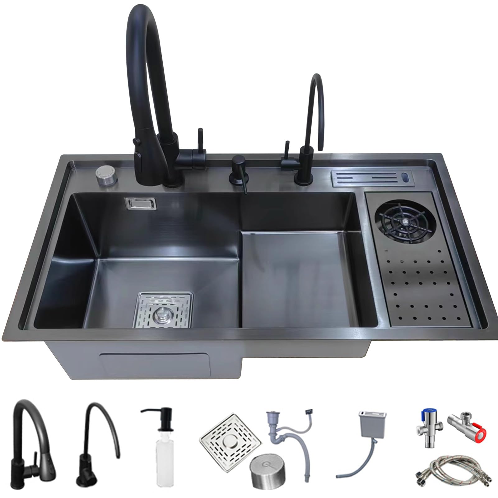 ZQFHSX Single Bowl Stepped Kitchen Sink,Bar Sink, 304 Stainless Steel With Cup Washer Sinks, Drop-In Or Undermount Installation (Color : Black-Grey, Size 82x46x22cm)