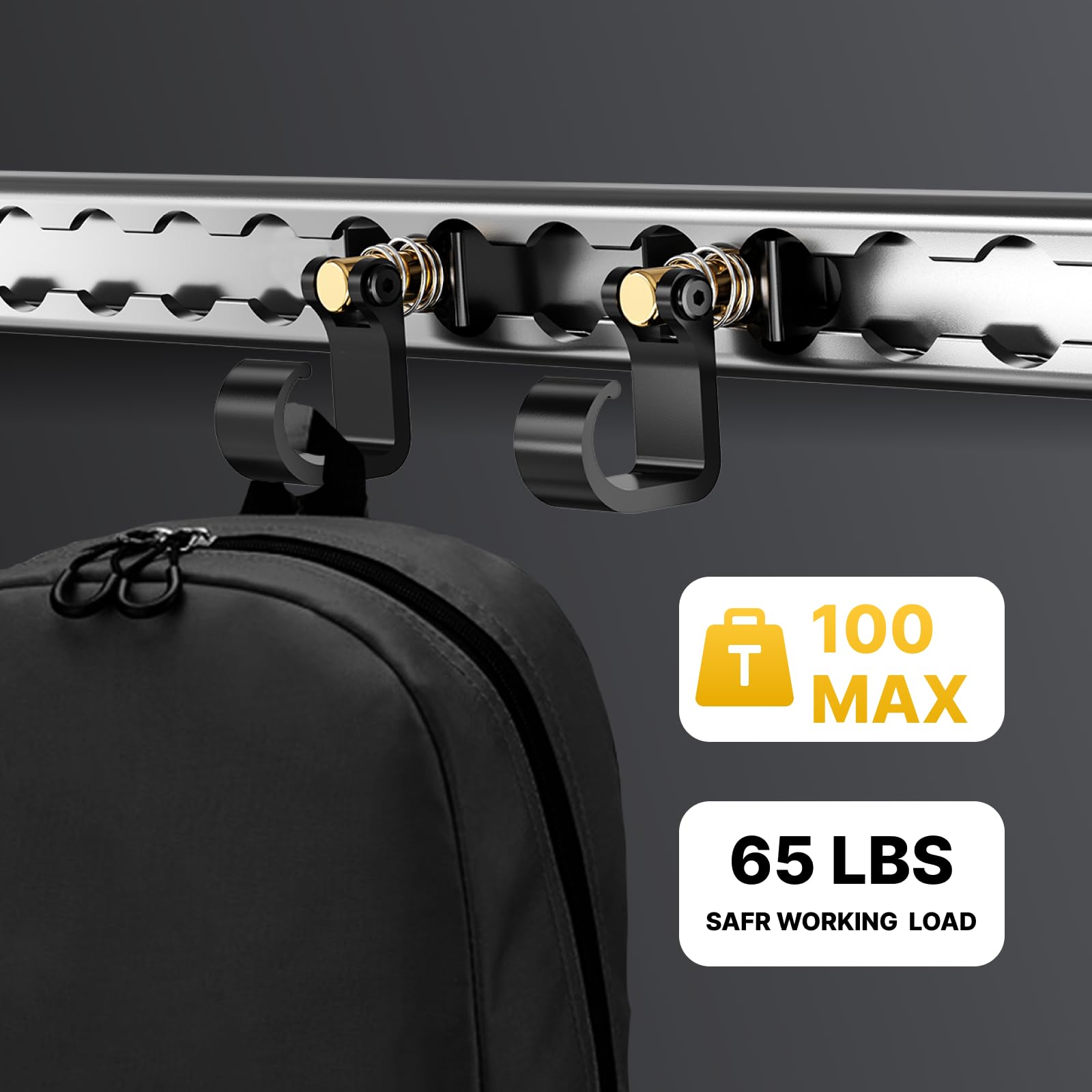 vandrabase 2 Pack L Track Hooks with Single Stud Fitting, Spring-Loaded Adjustable Gear Hook, 100LBS Max Load Capacity, Heavy Duty Tie Down Accessories for Trailers & Garages - Black Gold