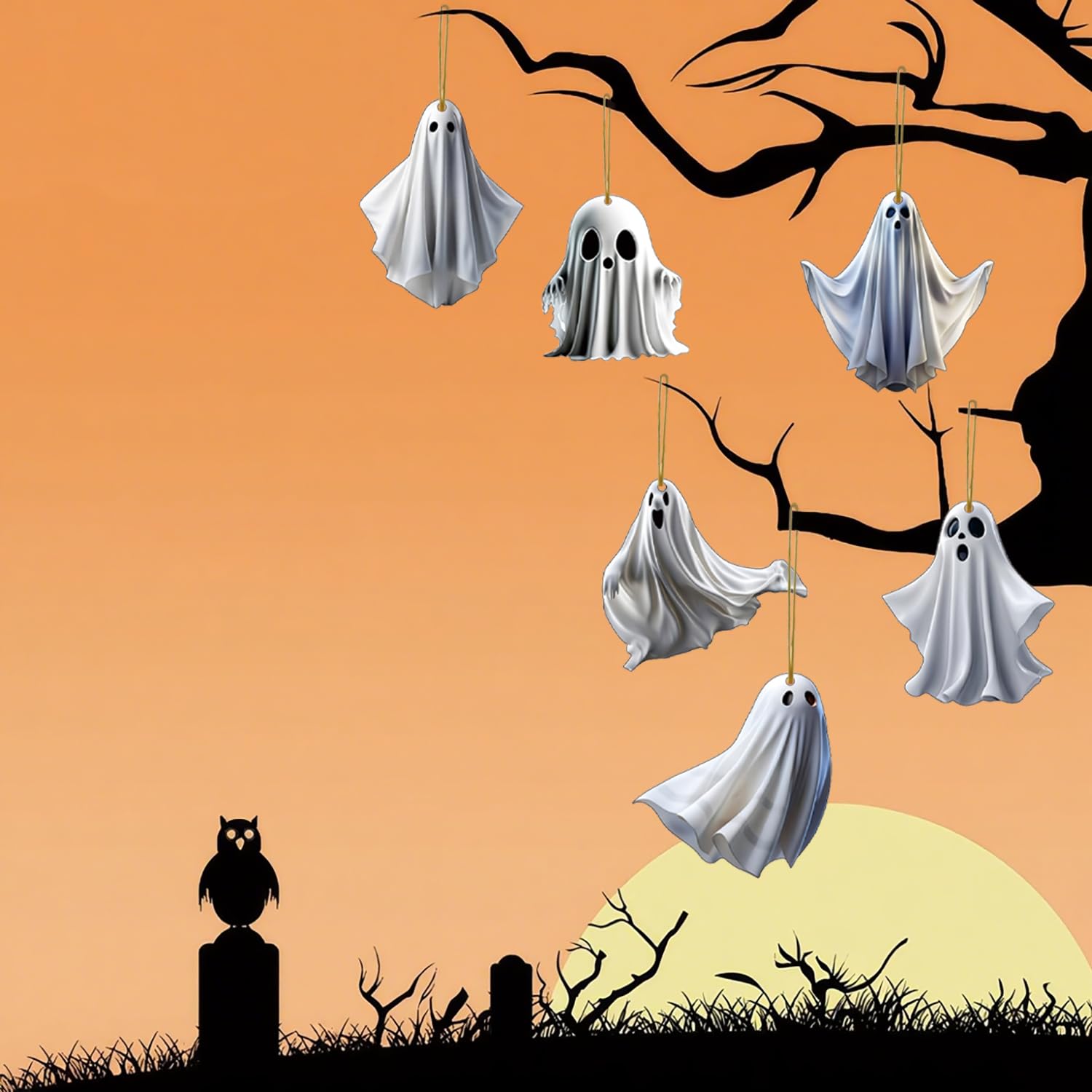 6 Pcs Halloween Hanging Ornaments for Tree Cute White Little Ghost Designs Halloween Spooky Acrylic Pendants Cartoon Ghost Hanging Ornaments Decorative for Holiday Party Craft Supplies