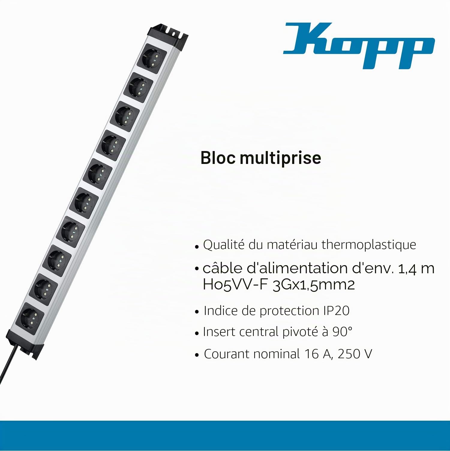 Kopp Powerversal 227120011 Bloc multiprise à 10 Prises Argenté/Noir