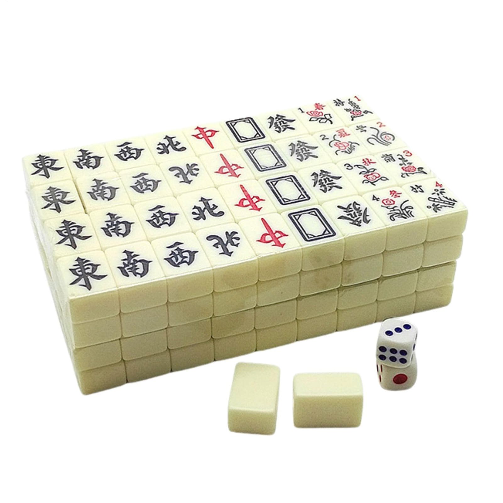 Genérico Set Completo De Fichas De Mahjong 144 Piezas | Juego De Mahjong Chino Tradicional con 2 Cartas De Repuesto Y 2 Dados | Mahjongs Portátil para Viajes Reuniones Familiares Jugadores Adultos