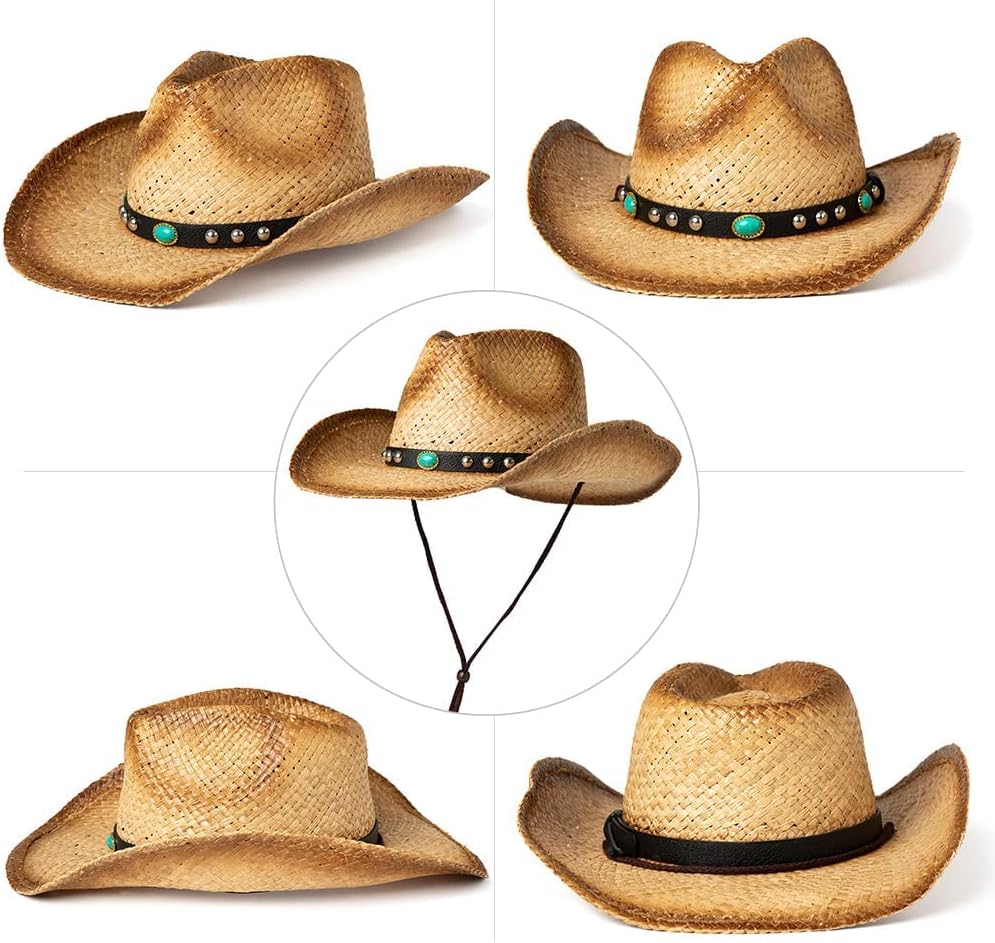 Comhats Western Style Round Cowboy Straw Hat Ladies Fedora Chin Cord Vegan Leather Band Shapeable Brim Beach Cowgirl - Image 4
