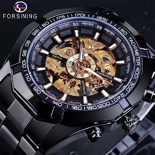 Image of FORSINING Men's Watch Self-wind Skeleton Hollow Out Mechanical Automatic Luxury Watches, Blue Black Stainless Steel Band Waterproof Wristwatch