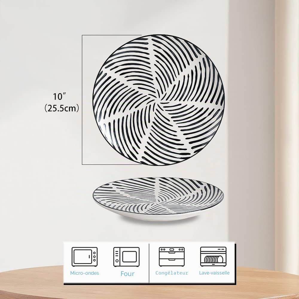 Assiettes Plates Porcelaine Noir - Grande Assiette Plate Ceramique de Table - Assiettes Design Moderne à Dîner - Lot de 6 Assiette Noire et Blanc 25 cm - Passe au Lave Vaisselle et Micro Onde