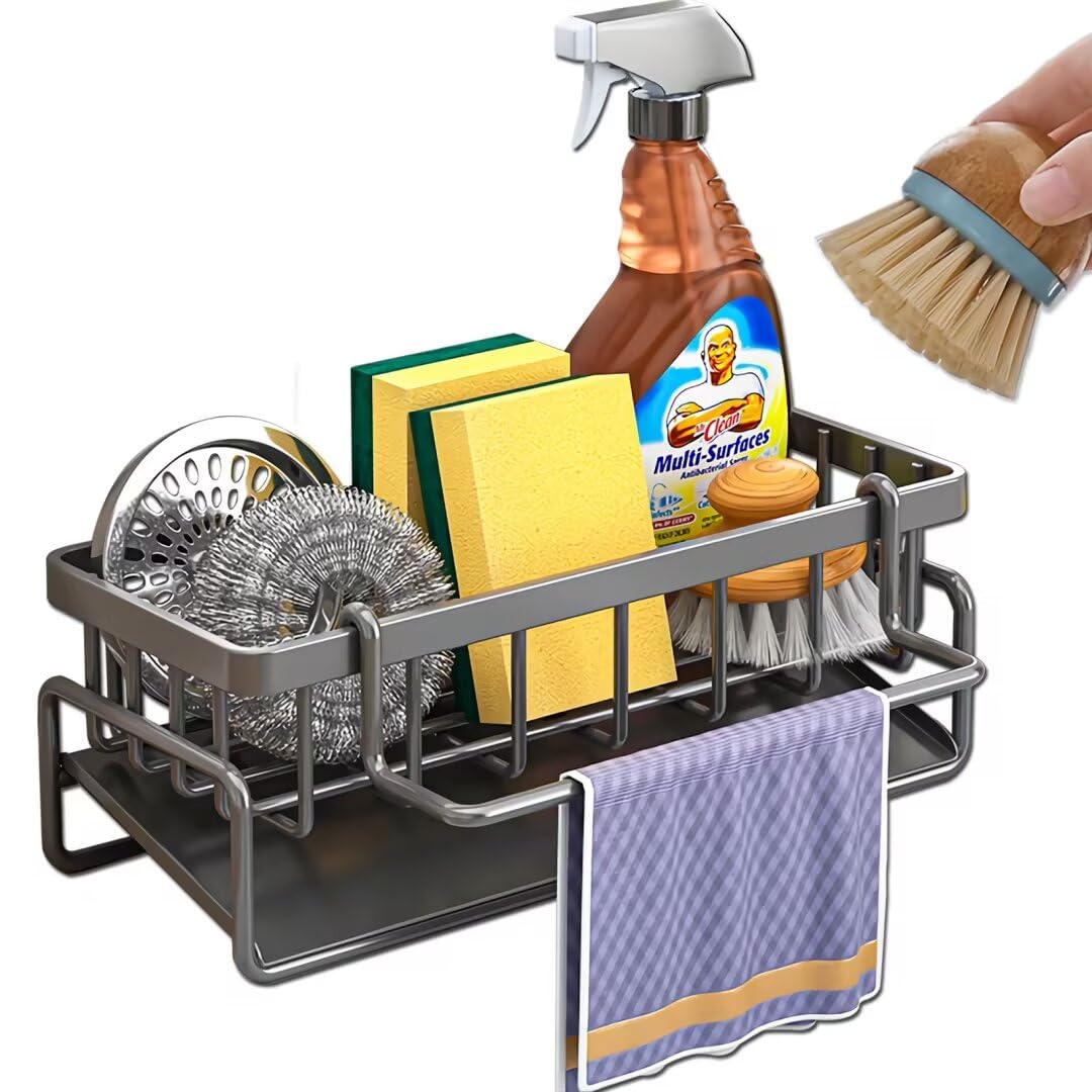 CIT ZCFY Kitchen Sink Caddy Organizers - Stainless Steel Sink Caddy with 30 Tilt Self-Drainage, Dish Brush Holder & Removable Dishcloth Rack - Gray