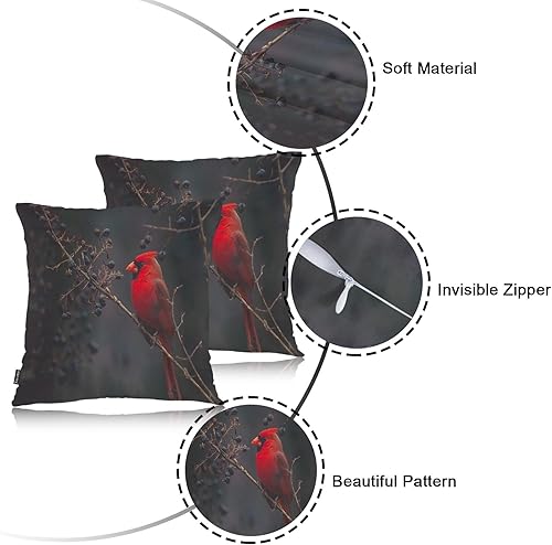 Miniatura 7 de Swono Fundas de almohada de 18 x 18 pulgadas, color rojo cardenal, pájaro y bayas, fundas de cojín bohemias para sofá cama, funda de almohada