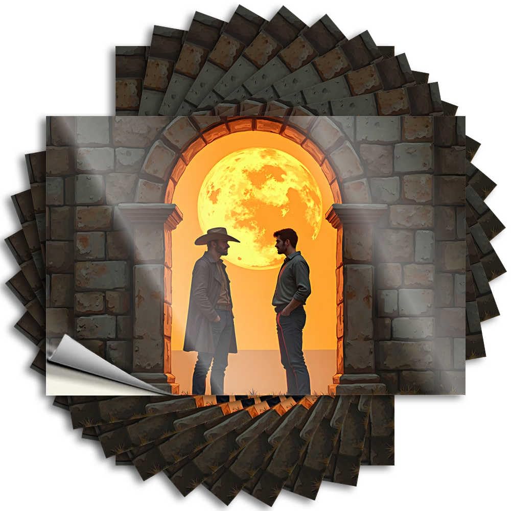Two Men Stand Before A Giant Orange Moon in A Stone Archway Helmet Snarky - Beer Saying Self Adhesive Sticker(12X18CM)
