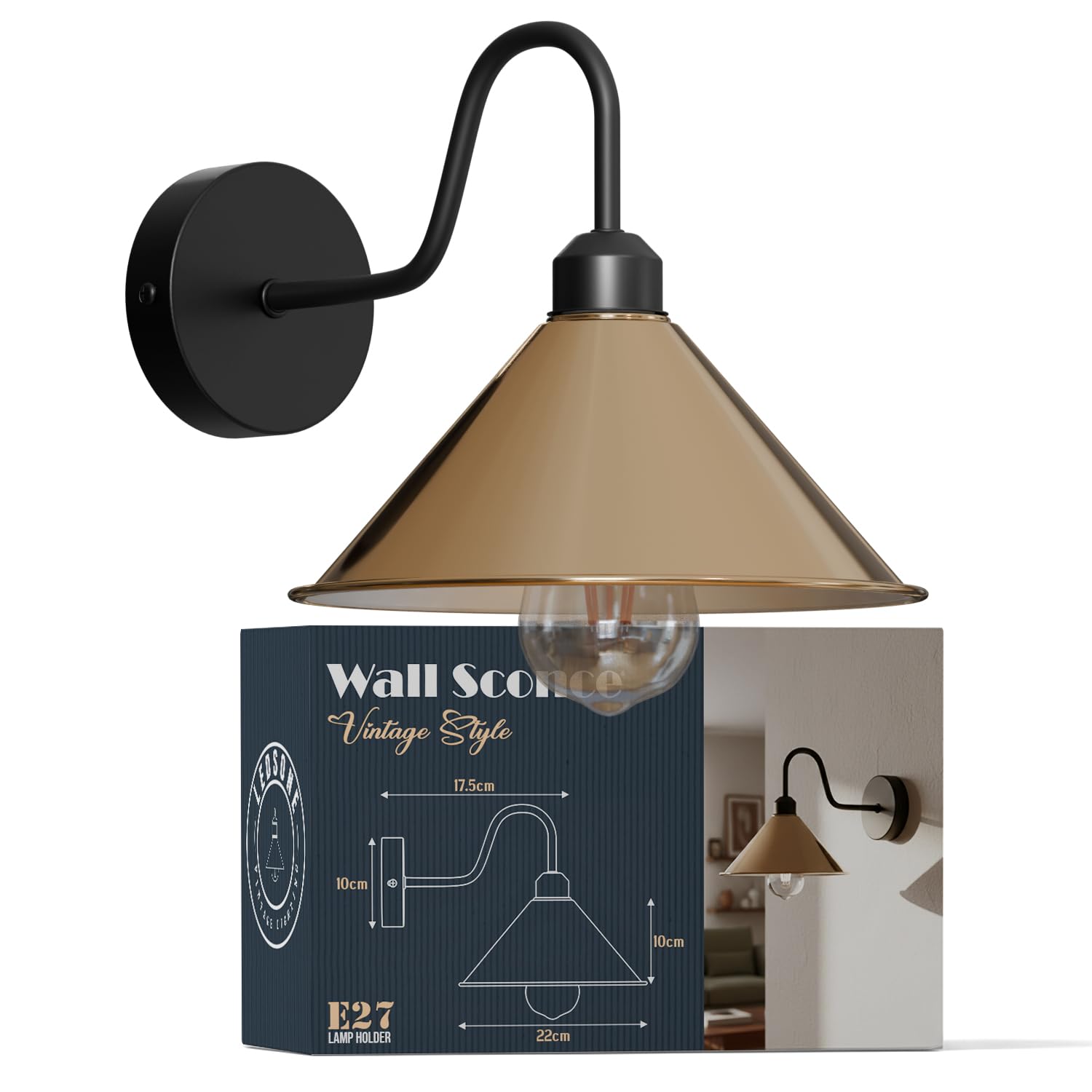 DC VOLTAGE Vintage French Gold Swan Neck Wall Lamp – Industrial Metal Wall Sconce with 22cm Cone Shade E27 Base for Bedroom, Living Room, Corridor, Hallway, Restaurant, Bedside Indoor Lighting