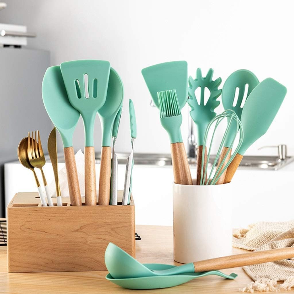Kochutensilien, 12-teiliges Küchenutensilien-Set mit Halter, Silikon-Kochutensilien-Sets, Holzgriff, antihaftbeschichtetes Kochgeschirr-Set, grüne Kochutensilien-Sets