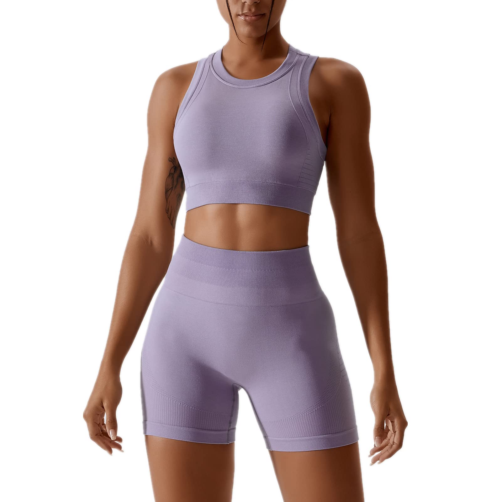 Workout Sets for Women 2 Piece Seamless Ribbed Tank Top Sport Bra High Waist Biker Shorts GYM Yoga Exercise Outfits