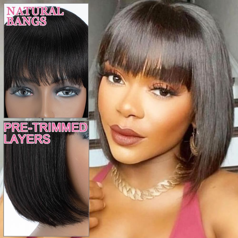 Human Hair Wig with Bangs Wear and Go Glueless Bone Straight Wigs for Women Human Hair Brazilian Hair Natural Black Wig with Fringe Machine Made None Lace Front Wig 10 Inch - Image 3