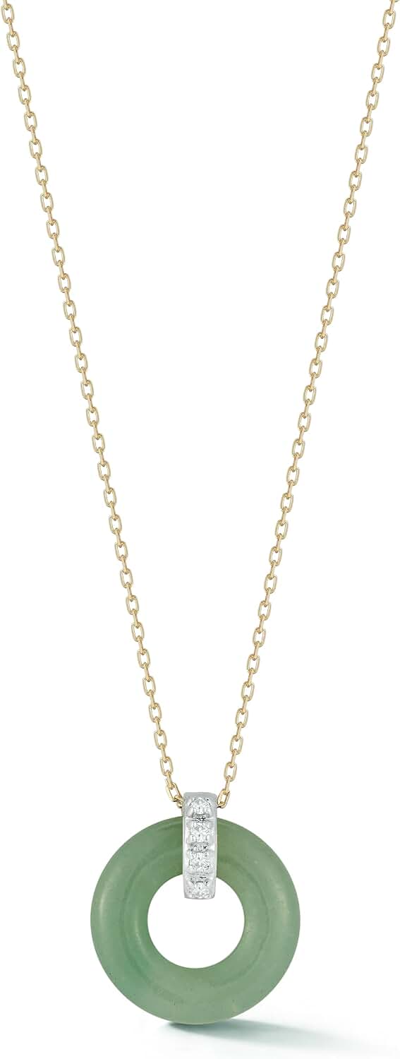 MATEO New York Donut and Diamond Door Knocker Necklace, Jade, 14Kt Yellow Gold, 18in