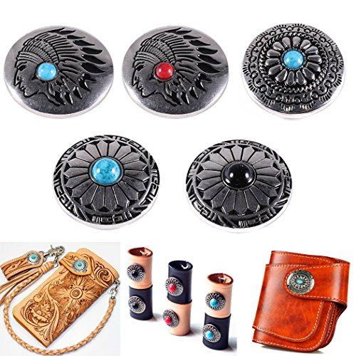 Leathercraft Button Indian Head Conchos 5Pcs Large Concho Button for Leather Screw Back Turquoise Beads Concho Buttons