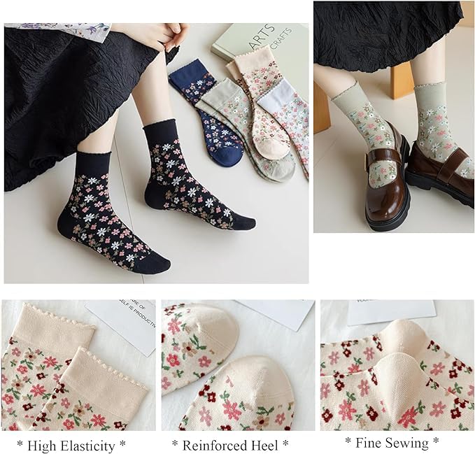 Image of HOMSSEM Floral Crew Socks - 5Pair Flower Graphic Soft Cotton Socks for Women, Teen Girls - for Sandals, - Cute Vibrant Colors