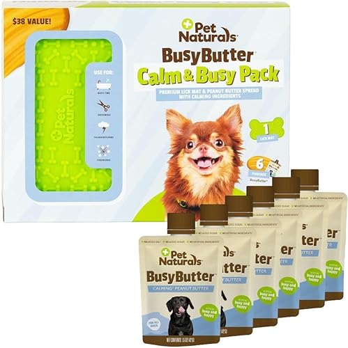 Pet Naturals Paquete tranquilo y ocupado con 6 bolsas de mantequilla de maní calmante BusyButter y alfombrilla de lamer premium con ventosas