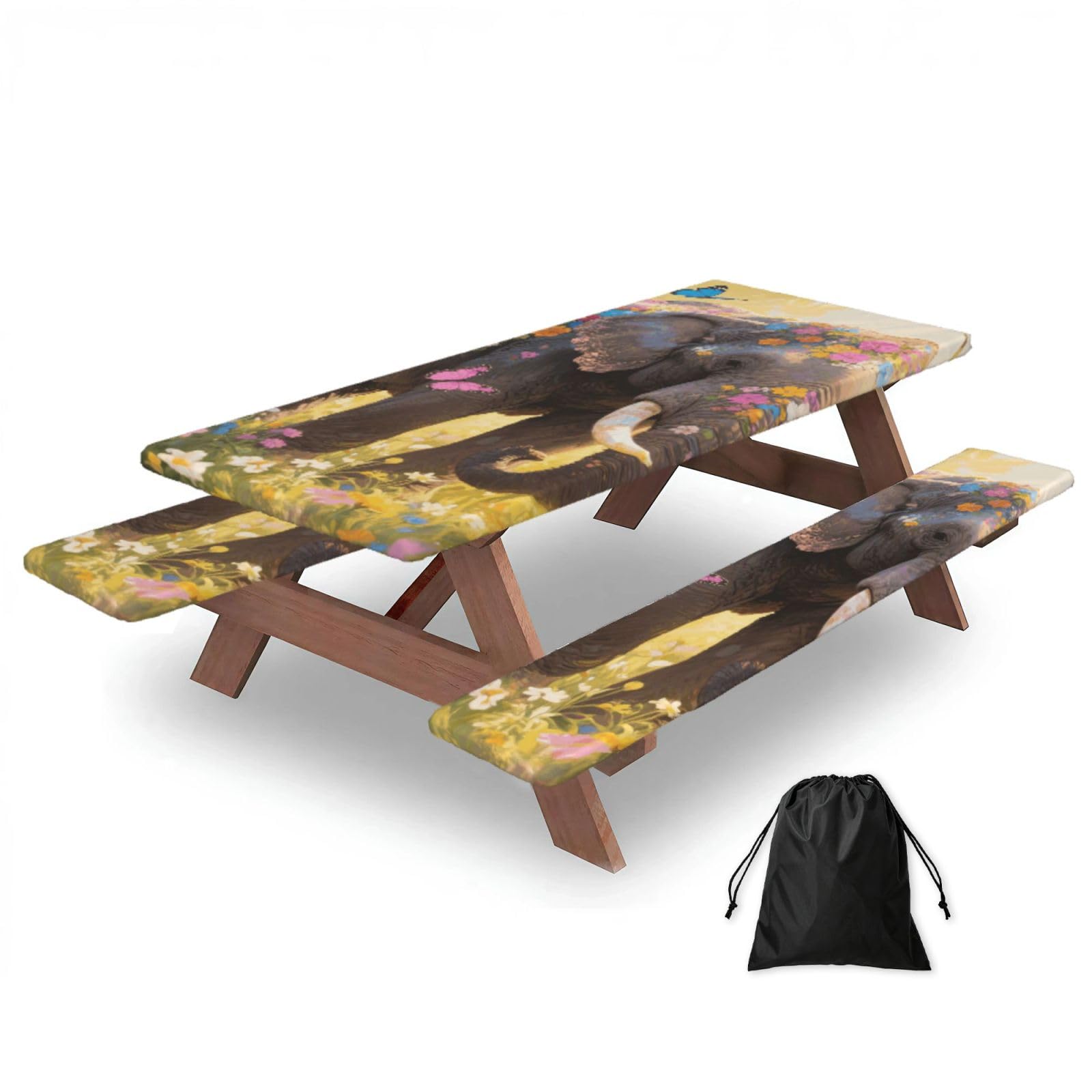 FekiLoot Butterfly Elephant Picnic Table Cover with Bench Covers and Bag, Windproof Waterproof Rectangle Tablecloth with Elastic Edges Fitted Camping Table Covers Portable Camping Accessories