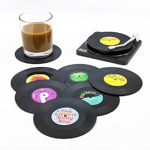 Miniatura 3 de Divertidos posavasos retro para discos de vinilo para bebidas con soporte para reproductor de discos de vinilo para amantes de la música con caja de