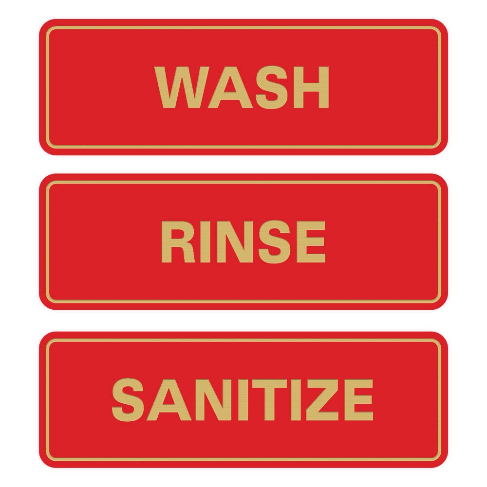 All Quality Standard WASH RINSE SANITIZE Set of 3 Bay Sink Signs - Restaurant & Commercial Kitchen Sink Signs - Easy to Install - Red/Gold (Small)