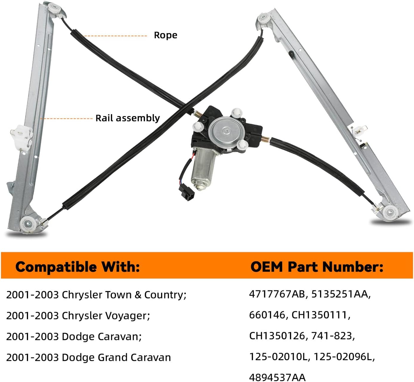 Front Left Driver Side Power Window Regulator with Motor Assembly - Compatible with 2001-2003 Chrysler Town & Country Voyager Dodge Caravan Grand Caravan - 741-823